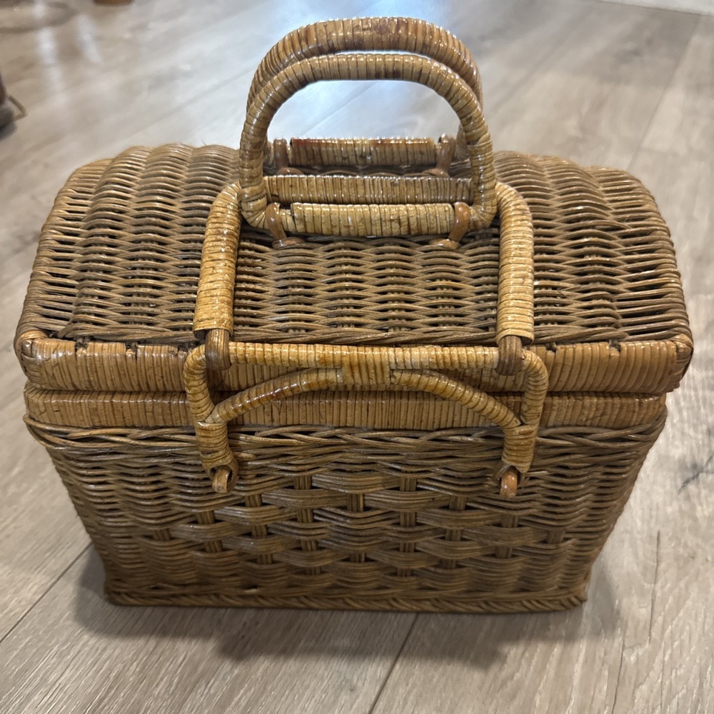 Vintage Rattan Woven Wicker Footed Basket Trunk Storage Cottage Core
